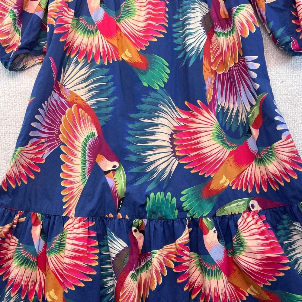 FARM Rio Parrot Print Dress Puff Sleeve Tiered Hem Tropical‎ Multicolor Small - Picture 4 of 13